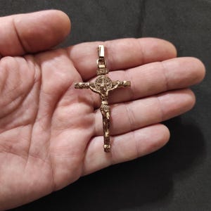Personalized Solid Gold Saint Benedict Crucifix Necklace: Handmade Exorcism Cross Pendant