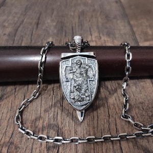 Sterling Silver Archangel Michael Shield Pendant: Religious Necklace Gift
