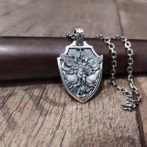 Sterling Silber Erzengel Michael Schild Anhänger - Religiöse Halskette