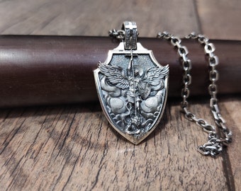 Sterling Silver Archangel Saint Michael Shield Pendant - Religious Necklace