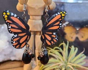 Monarch butterfly wing statement dangle earrings| Small butterfly earrings| Witchy boho nature style bug earrings| Dainty statement earrings