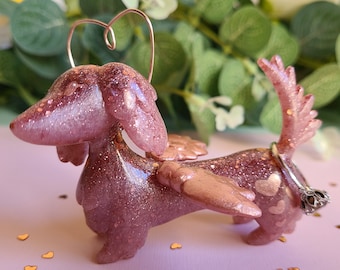 Valentines day rose gold pink glitter dachshund ring holder| Love doxie jewelry display| Angel dog pet memorial statue figurine| Cute cupid