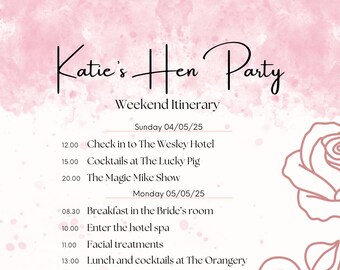 Canva Editable Hen Party Packing List & Itinerary Pink Roses