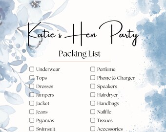 Canva Editable Hen Party Packing List & Itinerary Blue Flowers