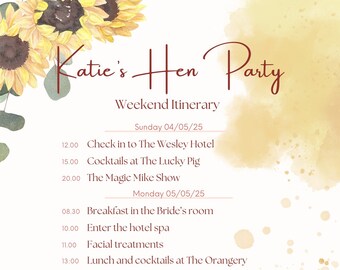 Canva Editable Hen Party Packing List & Itinerary Sunflowers
