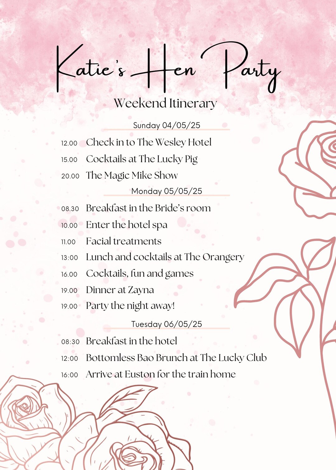 Canva Editable Hen Party Packing List Itinerary Pink Roses Etsy UK