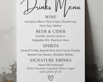Editable Modern Drinks Menu Template for Wedding Event