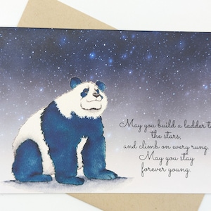 carte panda | carte d'anniversaire | Jeune pour toujours | Bob Dylan | Etoiles | Ciel nocturne | Le groupe | Oursons | Carte de voeux | Blanc à l'intérieur