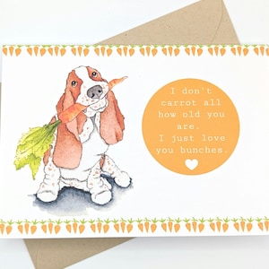 Tarjeta de cumpleaños de Basset Hound / Zanahorias / Verduras / Tarjeta de felicitación de animales / Interior en blanco