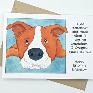 Winnie l'ourson | Carte d'anniversaire en retard | pour chien | de voeux | Chien aquarelle | de voeux | Blanc à l'intérieur
