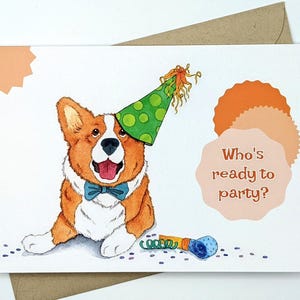 Carte Corgi | carte d'anniversaire de chien | Invitation à une fête | Papeterie pour les amoureux des animaux | de voeux | Blanc à l'intérieur