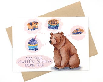 Brown Bear | Birthday Card | Blueberries | Sweet Treats | Birthday Wishes | Greeting Card | Blank Inside