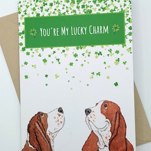 Carte Basset Hound | Carte de la Saint-Patrick | Porte-bonheur | Trèfles | Chance des Irlandais | carte d'anniversaire | Papeterie | Blanc à l'intérieur