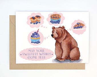 Oso pardo / Tarjeta de cumpleaños / Arándanos / Dulces / Deseos de cumpleaños / Tarjeta de felicitación / Interior en blanco