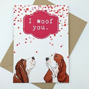 Basset Hound-kaart | Harten | Ik hou van jou | Jubileum | Valentijnsdag | Huwelijk | Vriendschap | Blanco binnenkant