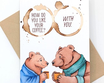 Osos pardos / Café / Tarjeta de aniversario / Tarjeta de San Valentín / Mejores amigos / Tarjeta de felicitación / Interior en blanco