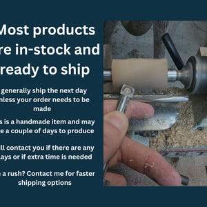 May include: A close-up of a woodturning lathe with a piece of wood being turned. The wood is light brown and the lathe is made of metal. The text "Most products are in-stock and ready to ship" is visible in the image.