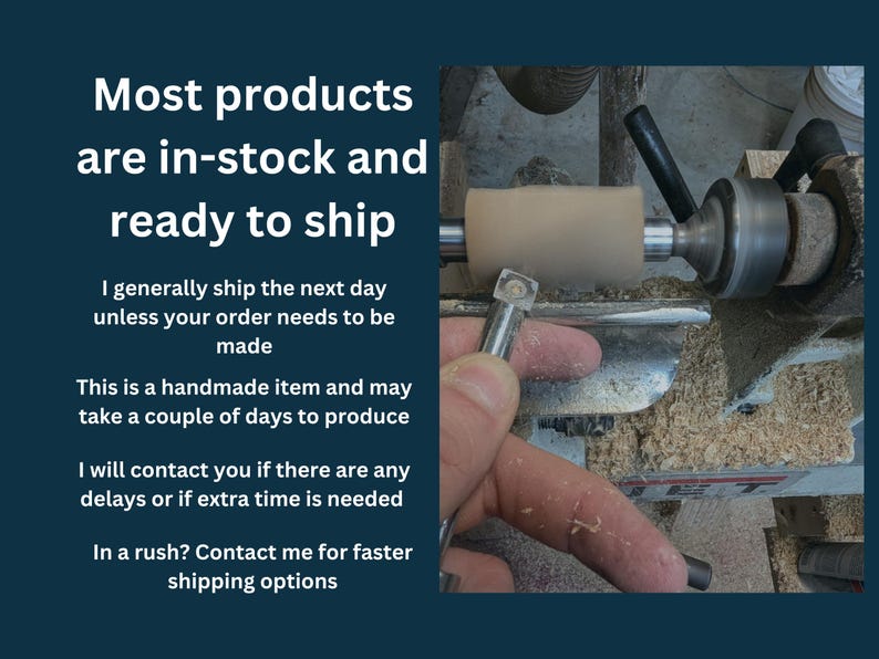 May include: A close-up of a woodturning lathe with a piece of wood being turned. The wood is light brown and the lathe is made of metal. The text "Most products are in-stock and ready to ship" is visible in the image.
