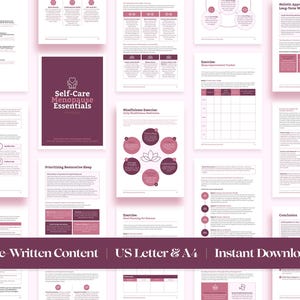May include: A digital download guide titled "Self-Care Menopause Essentials." The pages are white with pink and burgundy accents. The guide includes sections on prioritizing sleep, mindfulness exercises, and holistic wellness. The text "Pre-Written Content" and "Instant Download" are also visible.