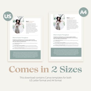 May include: Two white pages with a light green background. The pages contain text about coaching and a photo of a woman in a white dress. The text on the pages includes the words "What to Expect Throughout" and "Step 1: Connection & Clarity". The pages are labeled "US" and "A4".