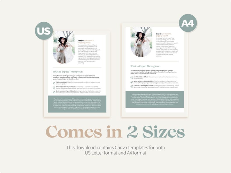 May include: Two white pages with a light green background. The pages contain text about coaching and a photo of a woman in a white dress. The text on the pages includes the words "What to Expect Throughout" and "Step 1: Connection & Clarity". The pages are labeled "US" and "A4".