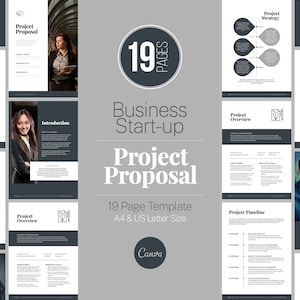 Peut inclure: Un modèle de proposition de projet de démarrage d'entreprise de 19 pages en noir et blanc avec un fond gris. Le modèle comprend des sections pour la vue d'ensemble du projet, le calendrier, la ventilation des prix, etc. Le modèle est conçu pour être utilisé avec Canva.