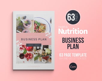 Pode incluir: Um modelo de plano de negócios branco intitulado "Nutritionist Business Plan" com os anos 2023-2027. A capa apresenta imagens de alimentos e o texto "63 Páginas". O modelo é em formato A4 e US Letter.