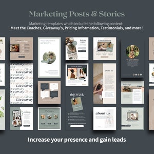 May include: A collection of social media post templates for coaches, featuring a variety of designs with text like "Giveaway", "Workshop", "Coach", "About Us", "Welcome", "Sale", "This Weekend Only", "New Blog Post", "Fitness Routine", and "Podcast".