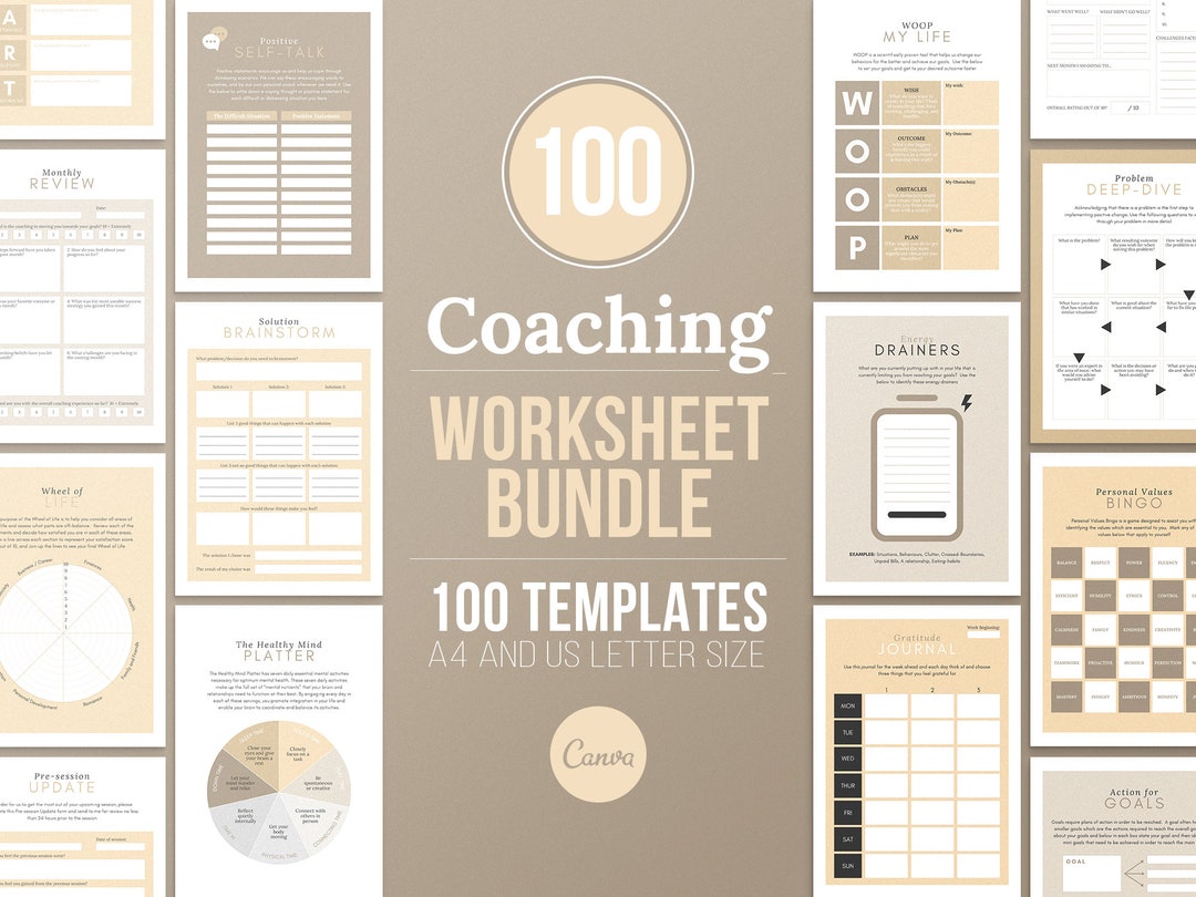 100 Coaching Worksheets for Canva Life Coaching Tools Life Coaching ...
