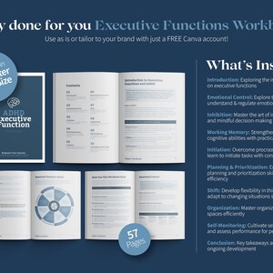 May include: ADHD Executive Functions Workbook, fully done for you. Includes US Letter and A4 sizes. The workbook covers topics like emotional control, working memory, and planning. It has 57 pages and is designed to help with executive function skills.