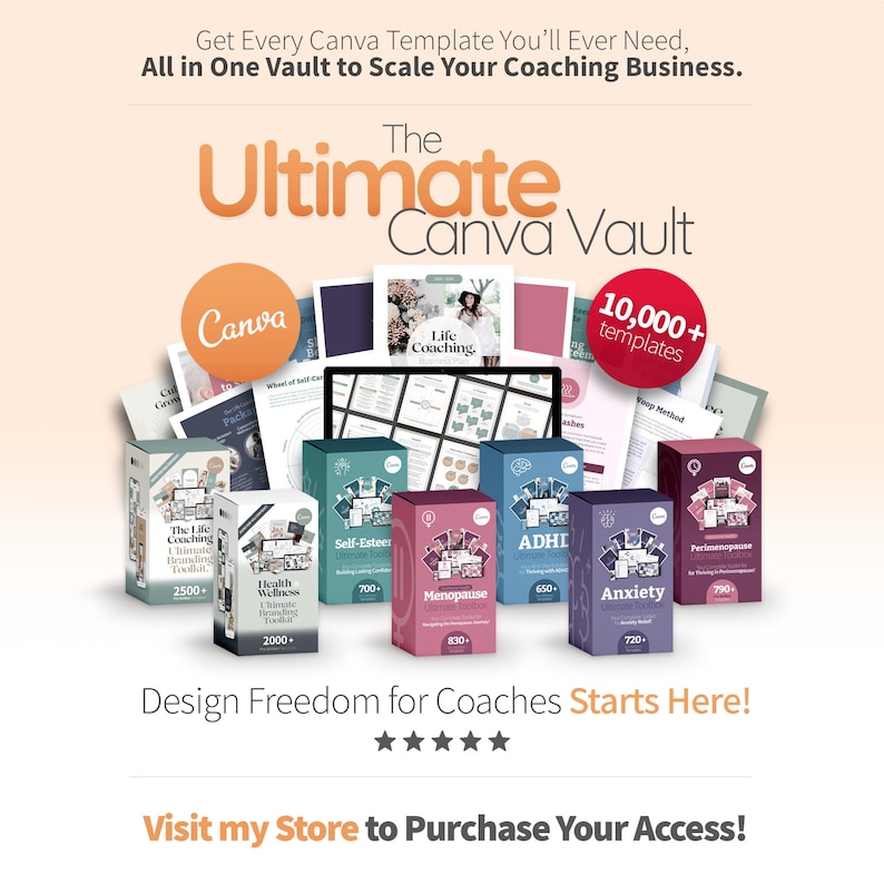 May include: An advertisement for "The Ultimate Canva Vault" featuring various Canva templates. The image includes boxes labeled with topics like "Health Wellness" and "Anxiety," along with the text "Design Freedom for Coaches Starts Here!"