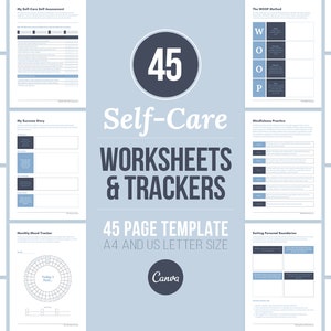 K&ouml;nnte beinhalten: Ein Satz von 45 druckbaren Selbstpflege-Arbeitsbl&auml;ttern und Trackern in Blau und Wei&szlig;. Der Titel lautet "45 Self-Care Worksheets & Trackers" mit dem Untertitel "45 Page Template A4 and US Letter Size".