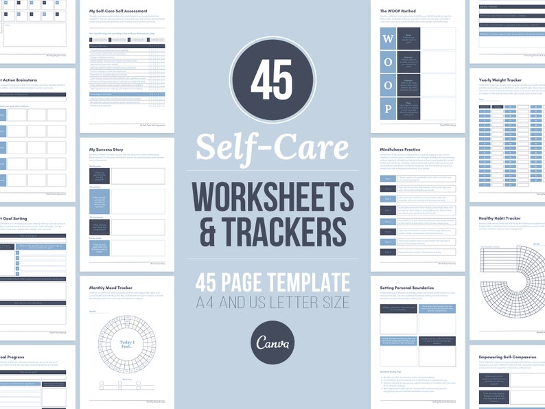 K&ouml;nnte beinhalten: Ein Satz von 45 druckbaren Selbstpflege-Arbeitsbl&auml;ttern und Trackern in Blau und Wei&szlig;. Der Titel lautet "45 Self-Care Worksheets & Trackers" mit dem Untertitel "45 Page Template A4 and US Letter Size".