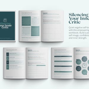 May include: A workbook titled "Silencing Your Inner Critic" with a green and white cover featuring a stylized brain. The workbook is open to reveal exercises for quieting negative self-talk and building self-confidence.