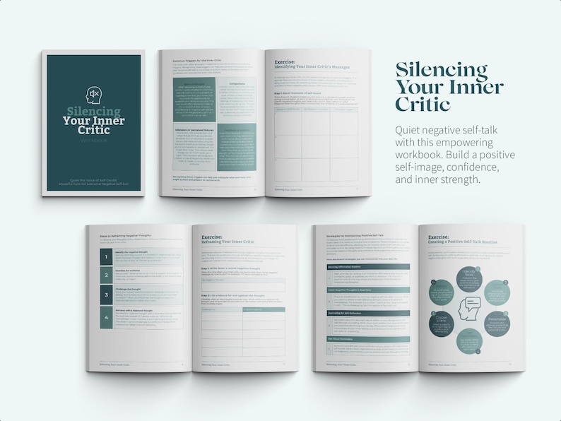 May include: A workbook titled "Silencing Your Inner Critic" with a green and white cover featuring a stylized brain. The workbook is open to reveal exercises for quieting negative self-talk and building self-confidence.