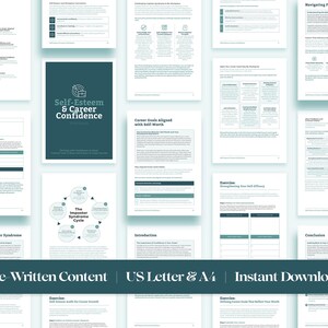 May include: A digital download of a workbook titled "Self-Esteem & Career Confidence" with a teal green cover. The workbook includes exercises and information on overcoming imposter syndrome, career goals aligned with self-worth, and navigating feedback and criticism. The workbook is available in US Letter and A4 sizes.