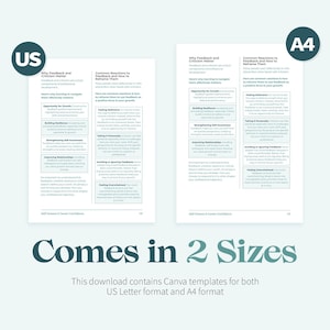 May include: A printable Canva template for a guide on feedback and criticism. The template is available in US Letter and A4 sizes. The guide includes sections on why feedback matters, common reactions to feedback, and how to behave in a team.