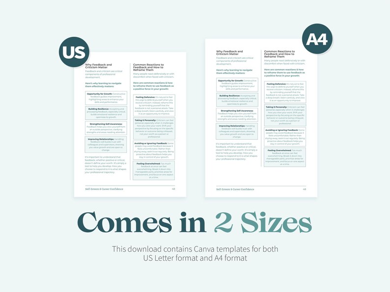 May include: A printable Canva template for a guide on feedback and criticism. The template is available in US Letter and A4 sizes. The guide includes sections on why feedback matters, common reactions to feedback, and how to behave in a team.