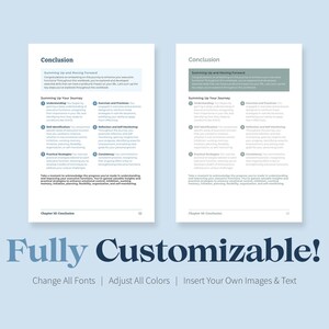 May include: Two open pages of a workbook with the title "Conclusion" at the top. The text "Summing Up and Moving Forward" is highlighted in a green box. Below, the text "Fully Customizable!" is displayed in a blue font.