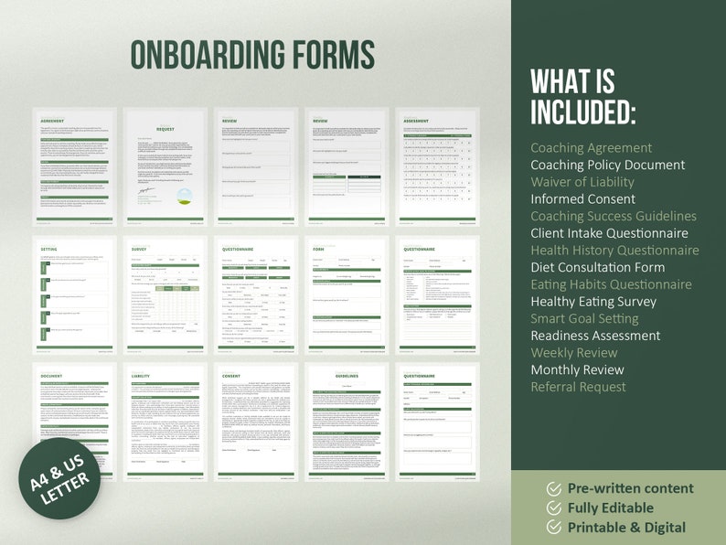 K&ouml;nnte beinhalten: Ein Satz druckbarer Onboarding-Formulare f&uuml;r Coaches, einschlie&szlig;lich eines Coaching-Vertrags, eines Richtliniendokuments, eines Haftungsausschlusses, einer Einverst&auml;ndniserkl&auml;rung, eines Kunden-Aufnahmefragebogens, eines Gesundheitsfragebogens, eines Ern&auml;hrungskonsultationsformulars, eines Fragebogens zu Essgewohnheiten, einer Umfrage zu gesunder Ern&auml;hrung, der Festlegung von Smart Goals, einer Bereitschaftsbewertung, einer w&ouml;chentlichen &Uuml;berpr&uuml;fung, einer monatlichen &Uuml;berpr&uuml;fung und einer &Uuml;berweisungsanfrage. Die Formulare sind vorgefertigt, vollst&auml;ndig editierbar und druckbar oder digital.