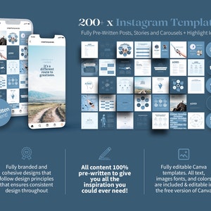 May include: A digital product mockup featuring two smartphones displaying Instagram templates. The image showcases a collection of over 200 pre-written posts, stories, carousels, and highlight icons. The templates are fully editable in Canva, with text, images, fonts, and colors included.