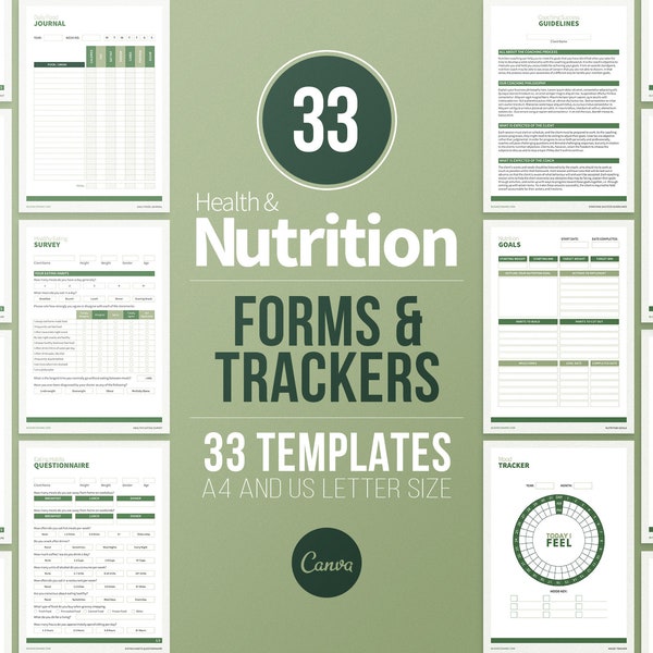 Formulaires d'admission des clients du coach en nutrition et suivis de la nutrition | Formulaires diététistes | Journaux de suivi de perte de poids | Journal alimentaire | Traqueur d'habitudes