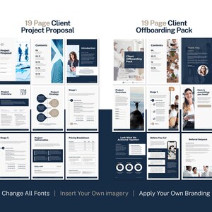 May include: A digital marketing template with a navy blue and white design. The template includes a 19-page client project proposal and a 19-page client offboarding pack. The text includes "Change All Fonts | Insert Your Own imagery | Apply Your Own Branding."