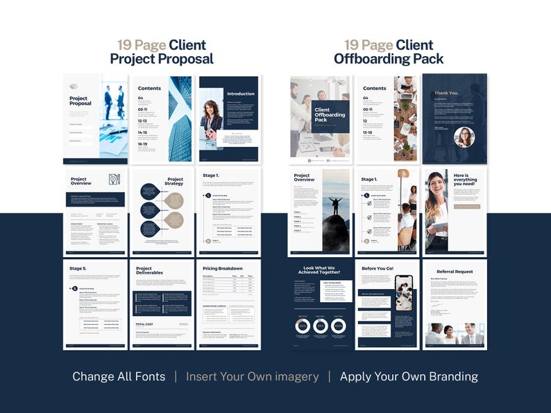 May include: A digital marketing template with a navy blue and white design. The template includes a 19-page client project proposal and a 19-page client offboarding pack. The text includes "Change All Fonts | Insert Your Own imagery | Apply Your Own Branding."