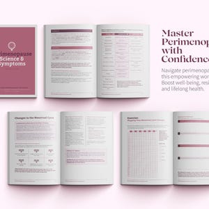 Może przedstawiać: R&oacute;żowo-biały zeszyt ćwiczeń zatytułowany "Master Perimenopause with Confidence". Okładka zawiera tekst "Nawiguj przez menopauzę za pomocą tego inspirującego zeszytu ćwiczeń. Zwiększ swoje samopoczucie, odporność i zdrowie na całe życie."