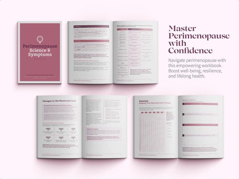 Może przedstawiać: R&oacute;żowo-biały zeszyt ćwiczeń zatytułowany "Master Perimenopause with Confidence". Okładka zawiera tekst "Nawiguj przez menopauzę za pomocą tego inspirującego zeszytu ćwiczeń. Zwiększ swoje samopoczucie, odporność i zdrowie na całe życie."