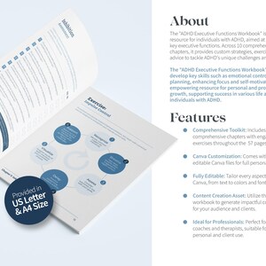 May include: Open workbook titled "ADHD Executive Functions Workbook" with blue and white design. Features include a comprehensive toolkit, Canva customization, and content creation assets. Includes US Letter and A4 size options.
