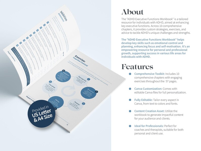 May include: Open workbook titled "ADHD Executive Functions Workbook" with blue and white design. Features include a comprehensive toolkit, Canva customization, and content creation assets. Includes US Letter and A4 size options.