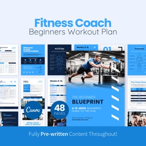 Puede incluir: Un plan de entrenamiento para principiantes de un entrenador de fitness, con un diseño azul y blanco. La imagen incluye páginas con detalles de entrenamiento, mapas musculares y una guía de 12 semanas para principiantes. El texto dice "Fitness Coach Beginners Workout Plan".