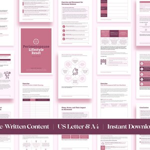 May include: A pink and white digital download guide titled "Perimenopause Lifestyle Reset". The guide includes information on exercise, sleep, stress, and nutrition. The text "Pre-Written Content | US Letter & A4 | Instant Download" is at the bottom of the image.